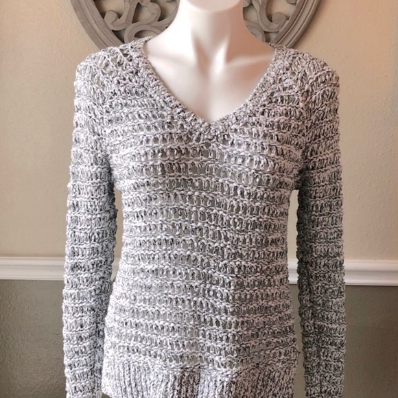 LOFT Chunky V-Neck Open Knit Sweater, Gray & White Marled | Sz S - Picture 2 of 9